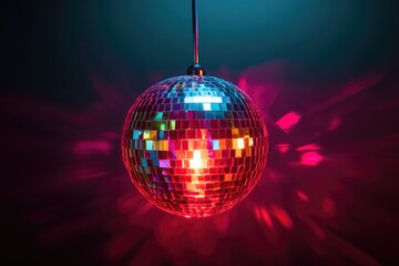 Obraz premium Disco ball hanging in dark room with vibrant pink and teal lighting, reflecting light beams.
