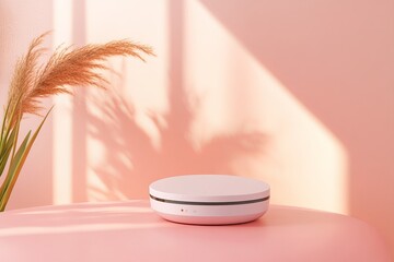 Fototapeta premium Product display on pink table with pampas grass and light casting shadows against the pink wall background