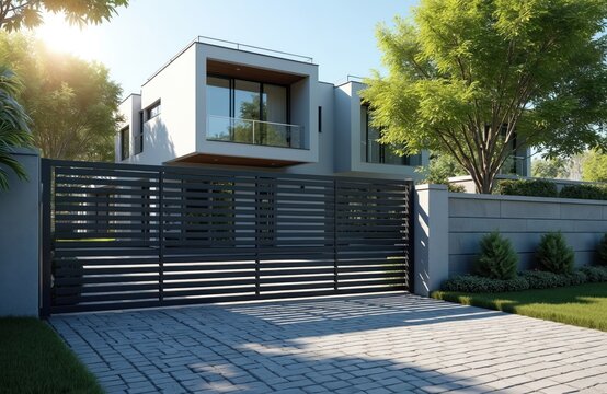 Modern home entrance with automated sliding metal gate. Grey gate at house. Driveway paved with stone. House with contemporary design style. Security and privacy in suburban setting.