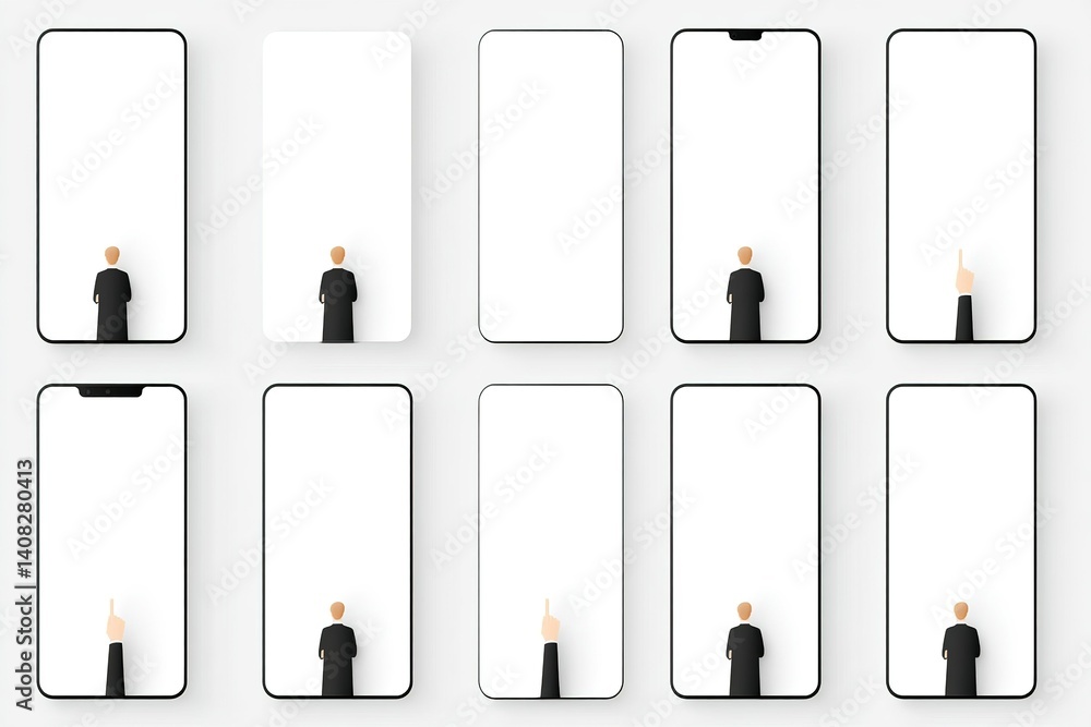 Poster various smartphone designs with a person interacting on the screen in a minimalistic setting