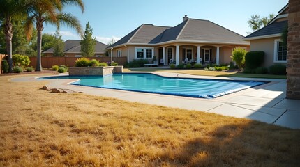 Beautiful backyard with swimming pool in sunny afternoon showcasing serene outdoor living space