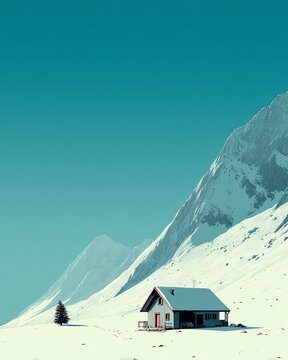 background A serene winter landscape featuring a quaint cabin surrounded by snow-covered mountains under a clear blue sky.