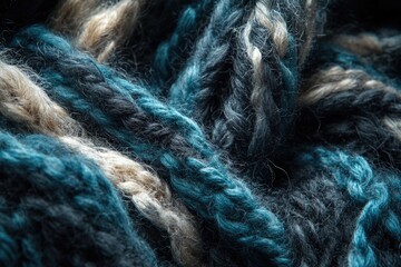 Fototapeta premium Close-up of teal, gray, and beige yarn, showcasing texture and color variations.