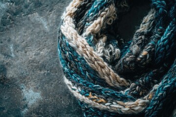 Fototapeta premium Close-up of a cozy, hand-knitted scarf in teal, beige, and gray tones.