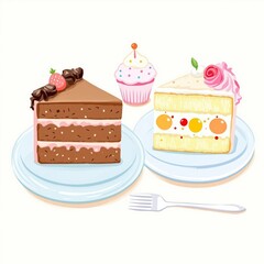 Two slices of cake on a white plate with a fork next to them