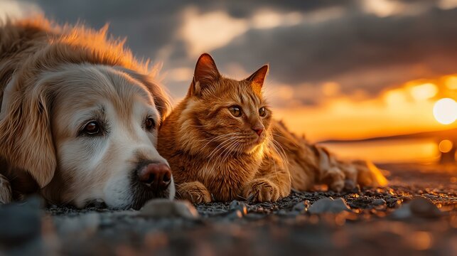 background A serene moment capturing a dog and a cat resting together during a vibrant sunset, showcasing friendship and tranquility.