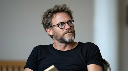 Fototapeta premium Portrait Of A Mature Man With Eyeglasses And Beard Looking Away Indoors