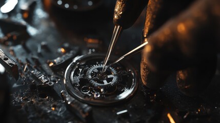 Watchmaker assembling tiny gears inside a wristwatch. Featuring precision and dedication