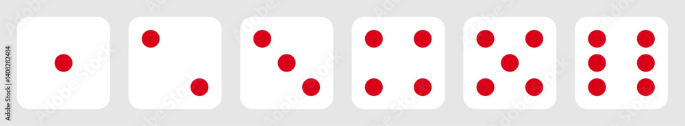 Poster die icon set with all six faces in white color with red dots. ludo game dice icons collection. set o