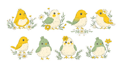 Easter Chick Bird Sketch Set Pastel Floral Chicken Spring Flower Holiday Rustic Folk Art Isolated Vector