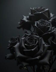 Close-up of black roses against dark background. Mystery, elegance. Perfect for designs, print media. Symbolic beauty, gothic, romantic floral, modern decor. Artificial flowers.