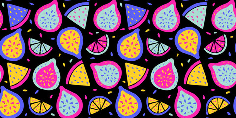 Tropical Exotic Fruit Pattern Fig Lemon Citrus Crayon Bg Texture Summer Vector Chalk Cartoon Seamless Abstract Background Chalk Organic