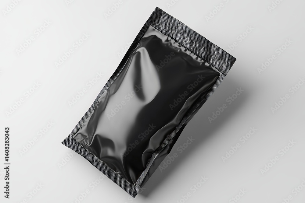 Poster a single black glossy packet lying diagonally on a white surface in a studio setting view from above