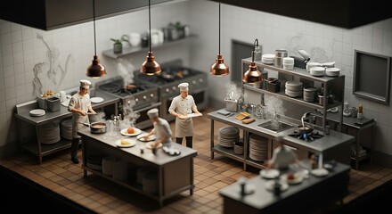 Chefs Cooking in a Commercial Kitchen Preparing Food