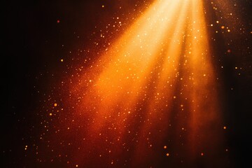 Golden light rays illuminate a dark background, with glowing particles floating in the air.