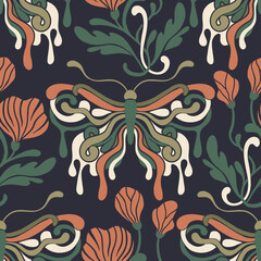 Art Nouveau Butterfly Vintage Pattern Seamless Vector Background Baroque Floral Antique Motif Boho Bohemian Ethnic Ornament