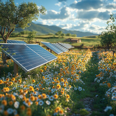 Personal solar power system, small solar panels on a country plot, off-grid lifestyle, quiet countryside, clear blue skies.