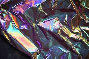 Abstract iridescent fabric with vibrant color shifts and folds, showcasing a luxurious texture.