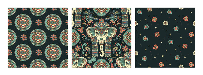 Indian Elephant Vintage Pattern Ethnic Motif Seamless Mandala Traditional BG Set Vector Boho Bohemian Collection