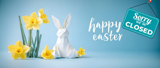 retail message: sorry we're closed with happy easter greetings; panoramic banner easy to resize; cute colourful image with text