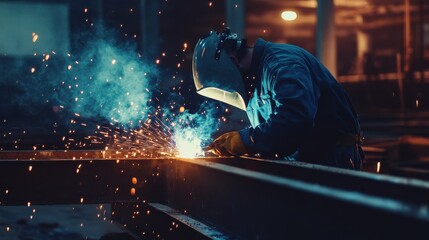 Welder fusing metal beams at a construction site. Featuring precision and craftsmanship