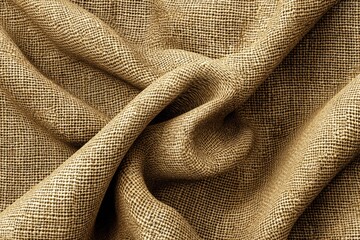 Folded coarse linen fabric in warm golden beige color with visible woven texture and realistic textile creases for natural material and fabric surface design