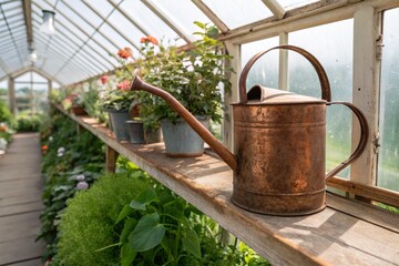 Obraz premium copper watering can on greenhouse shelf 