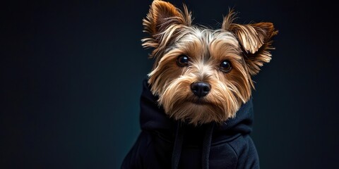 A small dog is wearing a black hoodie and looking at the camera