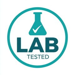 Lab tested logo with flask and checkmark icon on white background