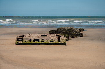 Remains of Mulberry Harbour Platforms on Arromanches Beach