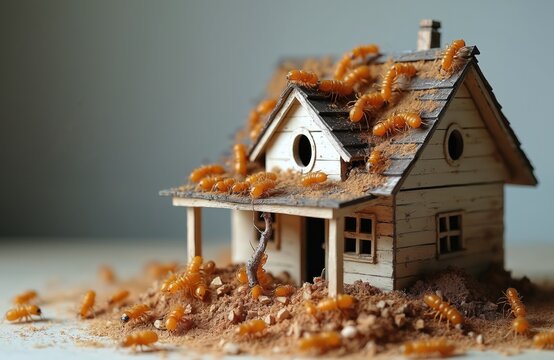 Termites swarm house model. Chewing wood, causing damage. Insects, pests destroy structure. Miniature home, termite infestation. Pest control, home decay, architecture, construction destruction.