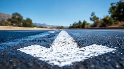 Low angle view of arrow on road pointing forward under blue sky