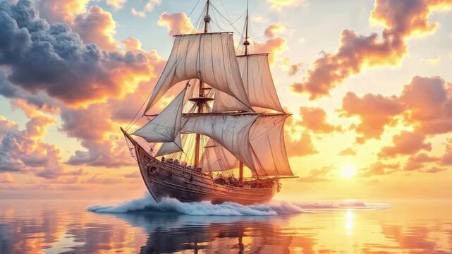 Beautiful old sailboat in sunset rays on the sea, old sailing brigantine
