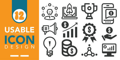 Marketing line icon set. Set of 12 outline icons related to marketing, business, innovation, growth, goal, trust, teamwork, customers, motivation, vision and others. Vector illustration.