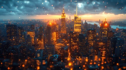 Obraz premium A night view of a city from above, with sparkling lights illuminating the streets and buildings