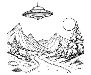 UFO Over Alien Landscape  Sci-Fi Coloring Page Line Art © ArifulIslam