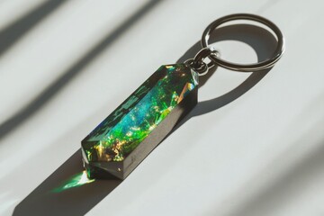 A mesmerizing green resin keychain with glittering inclusions, a unique and stylish accessory.