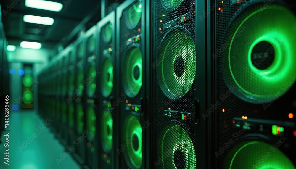 Aufkleber Bitcoin crypto mining farm. Server computers at work, processing digital currency in cyberspace. High tech data center, green lighting, computer hardware.