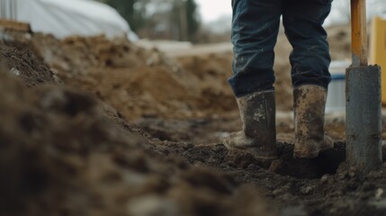 Fototapeta premium Builder inspecting a foundation at a construction site. Featuring focus and expertise