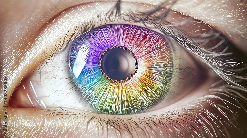 Poster detailed macro view of a human eye showing a vibrant rainbow pattern with light reflection and digit