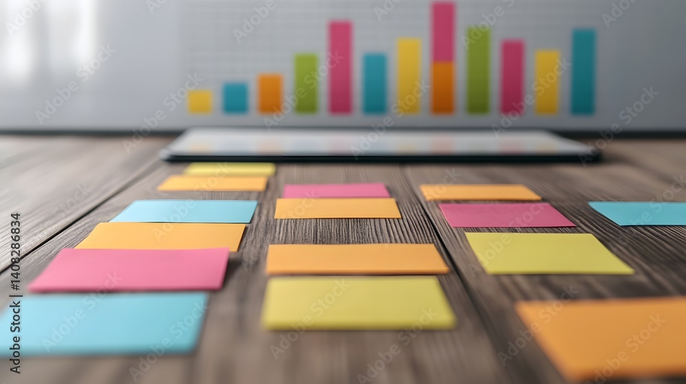 Poster creative workspace filled with evaluation reports sticky notes and holographic charts highlighting s