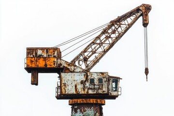 A rusty, old crane stands against a bright white sky, showing signs of age and decay.