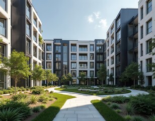 Modern high-rise residential buildings. New eco-friendly housing. Construction of new residential areas with green zone. Modern architecture, glazing. Real estate market for comfortable housing.