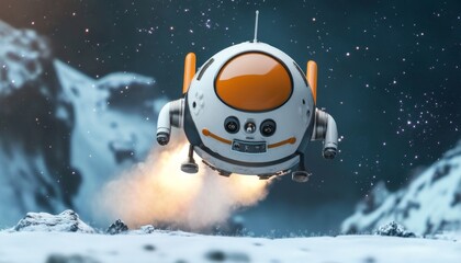 3D Render Cute Spaceship Landing on Frosty Planet, Sci-fi, Spacecraft, digital art Spaceship, 3D rendering