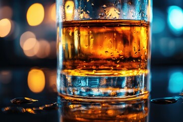 A glass of amber liquid with condensation, sits on a dark surface with blurred colorful lights in the background.