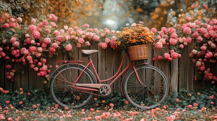 A nostalgic garden scene with an old bicycle leaning against a fence, its basket overflowing with vintage blooms