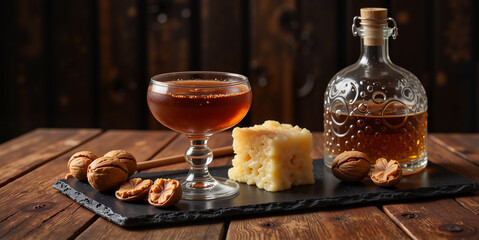 Elegant drink Rakia and cheese served with nuts on wooden background  