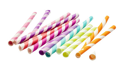 Colorful paper straws in a scattered pattern, isolated on white background, PNG