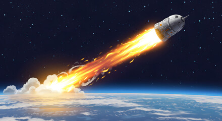 Fototapeta premium Capsule ascending through the atmosphere. Flames mark its ascent into the starry night. Technology advancing. Dream of leaving Earth.