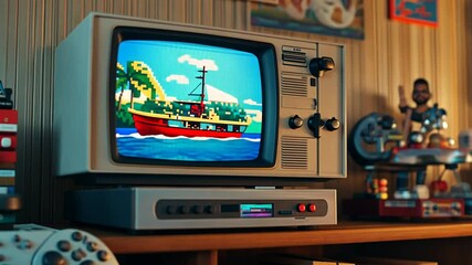 Nostalgic Retro Gaming Television Displaying Classic 8-Bit Pixelated Island Adventure